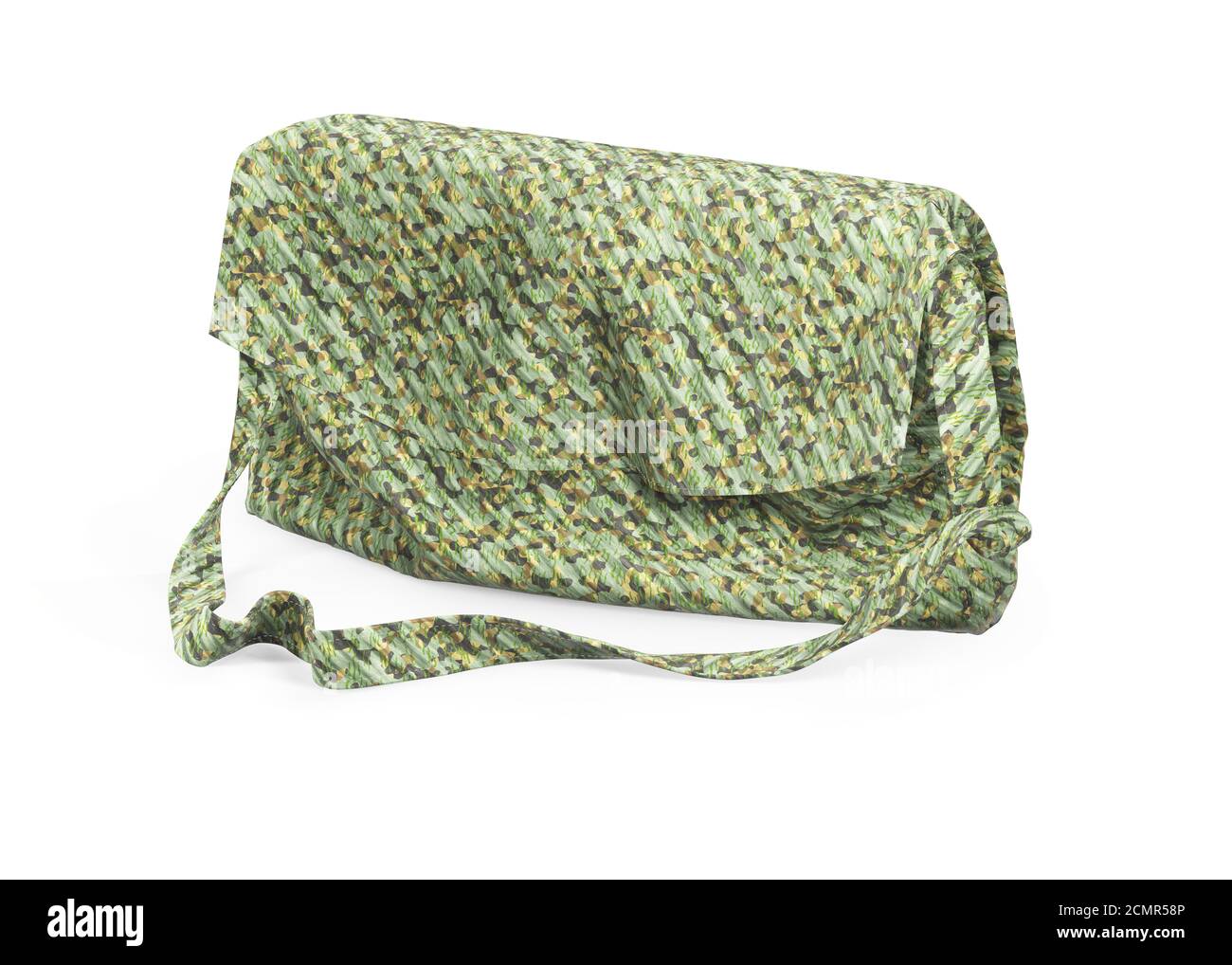 fashionable modern shoulder bag is made of fashion-style camouflage material in military style. Isolated on white 3d illustratio Stock Photo