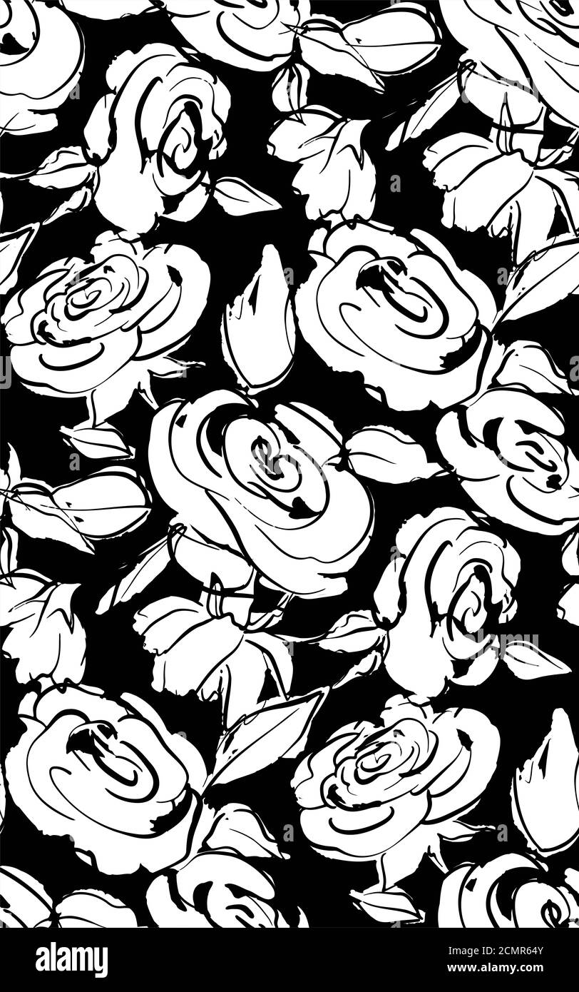 Spring Patterns With Black Floral seamless background pattern. Black and white spring flowers hand ...