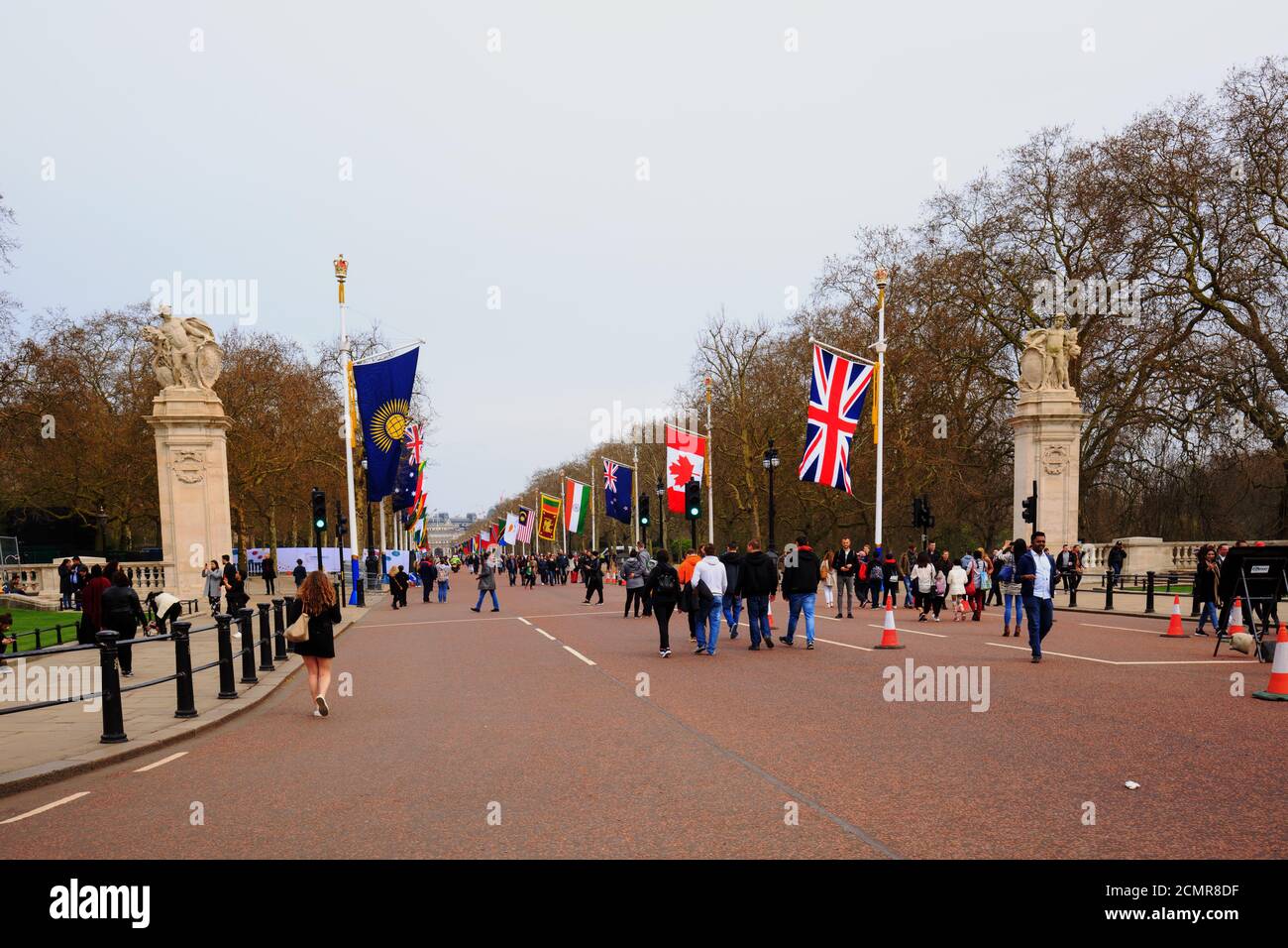 The Mall, London, England, 2018.  The Mall in London leading to Buckingham Palace with Commonwealth Flags flying. These are to welcome Commonwealth le Stock Photo