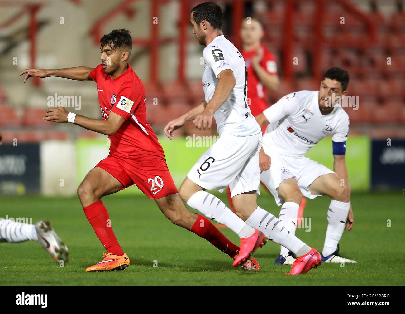 Connah's Quay Nomads' Sameron Singh-Dool (left) and Dinamo Tbilisi's Bakar Kardava battle for the ball during the UEFA Europa League, Second Qualifying Round match at the Racecourse Ground, Wrexham. Stock Photo