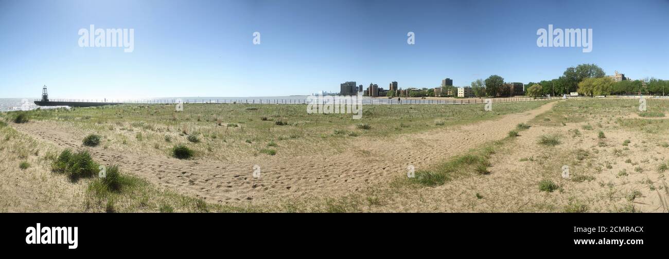 Panoramic view of Loyola Beach in Chicago, Illinois. City Skyline in the background. Stock Photo