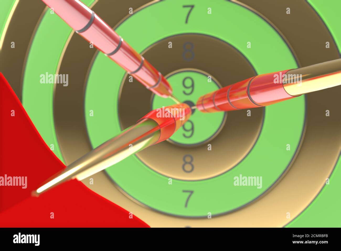 Three red darts hitting the bullseye. 3d illustration Stock Photo