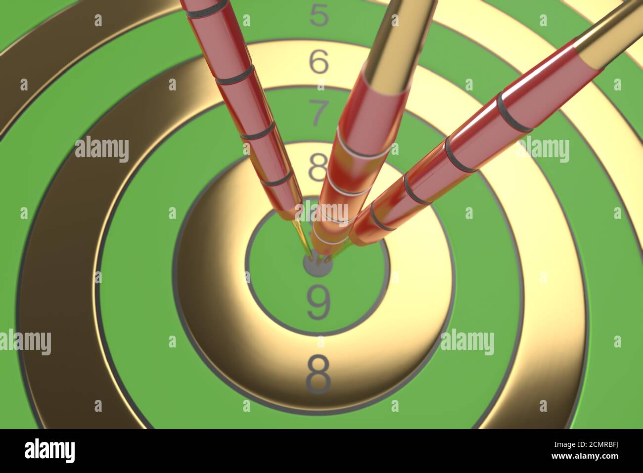 Three red darts hitting the bullseye. 3d illustration Stock Photo
