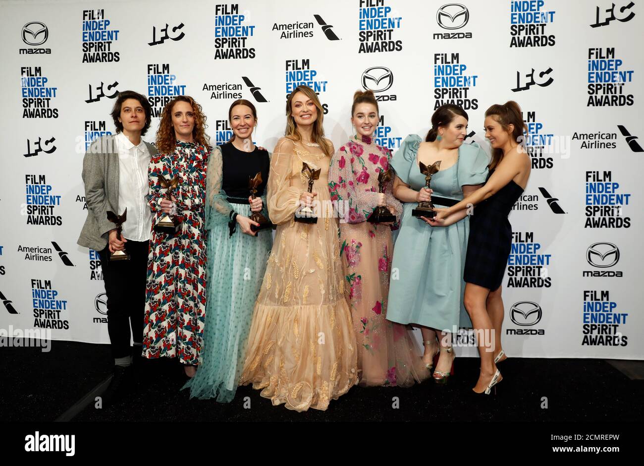 35th Film Independent Spirit Awards - Photo Room - Santa Monica, California, U.S., February 8, 2020 - The cast and crew of 'Booksmart' pose backstage with their Best First Feature award. REUTERS/Lucas Jackson Stock Photo