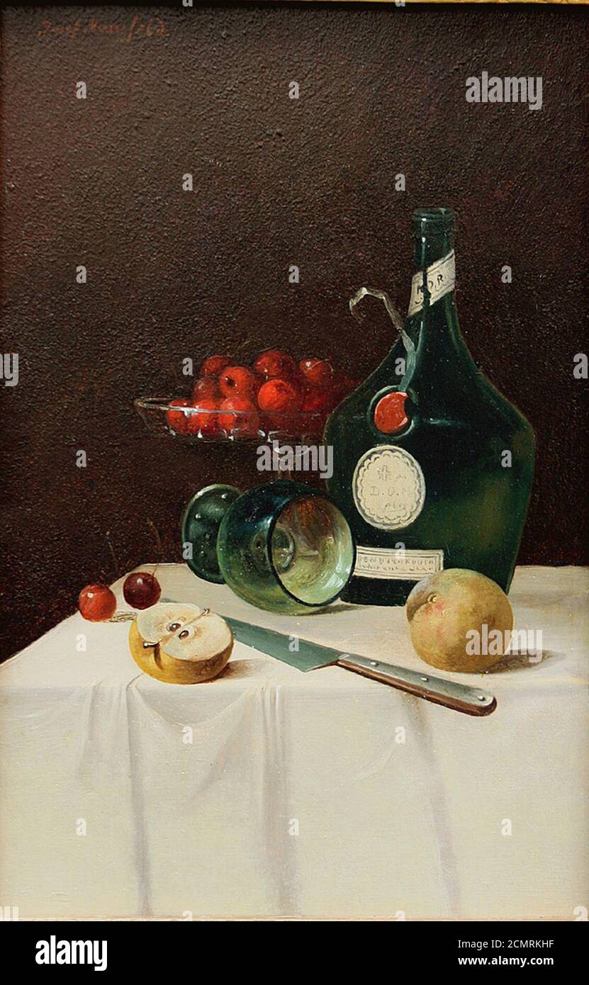 Josef Mansfeld - Stillleben mit Kirschen, Äpfeln und einer Weinflasche. Stock Photo