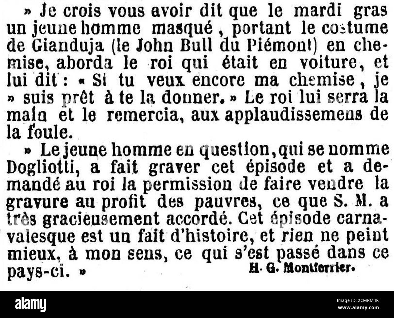 Journal des débats - 4 avril 1865 - Page 1, 3ème colonne - Un épisode du Carnaval de Turin. Stock Photo