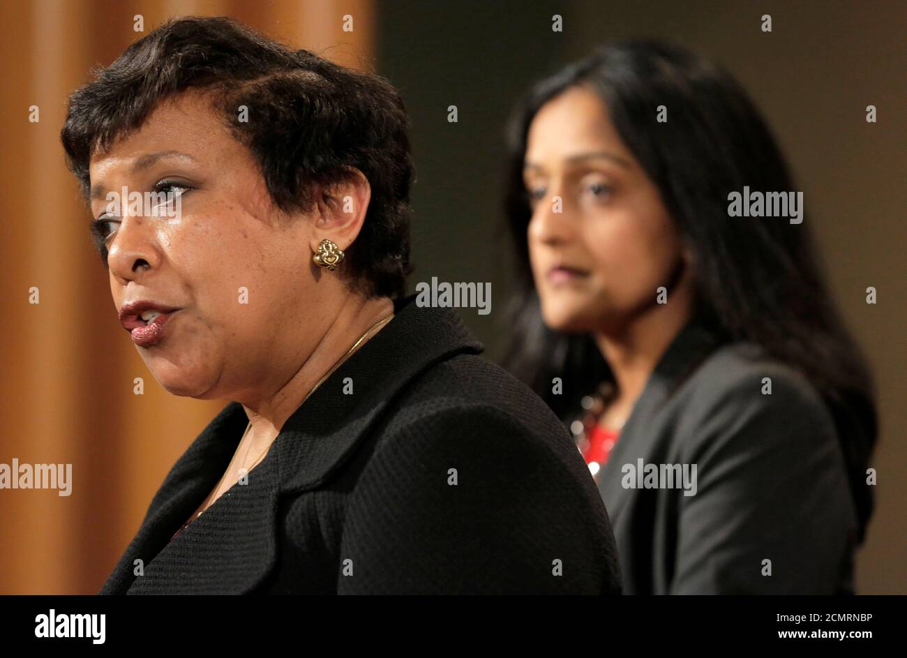 Attorney General Loretta E. Lynch and Principal Deputy Assistant Attorney General Vanita Gupta, head of the Civil Rights Division, announce law enforcement action against the state of North Carolina in Washington, U.S., May 9, 2016.      REUTERS/Joshua Roberts Stock Photo