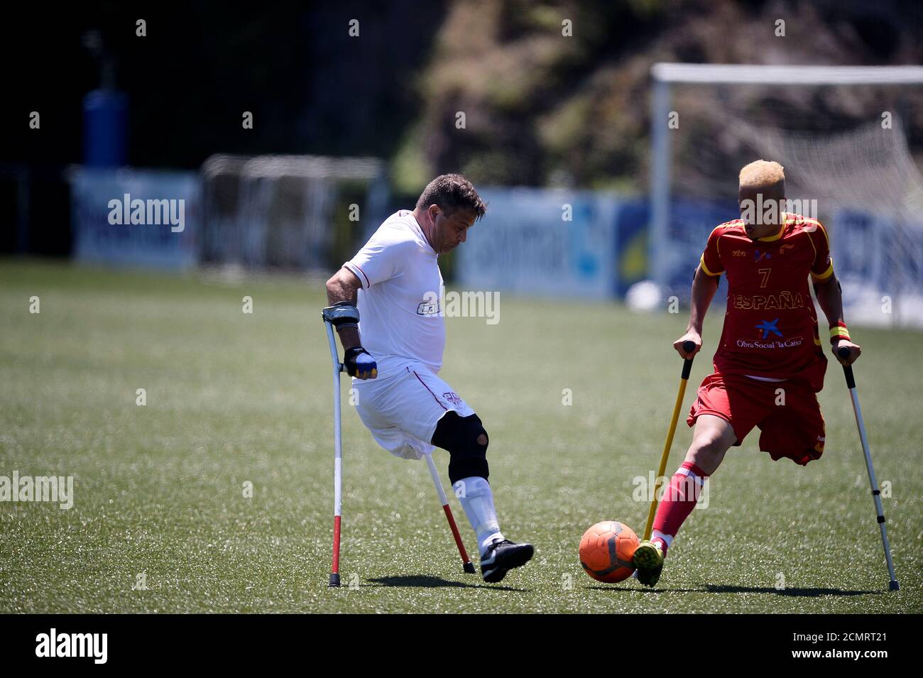 Spain's and Brazil's national team amputee football players play a  tournament match to promote the sport