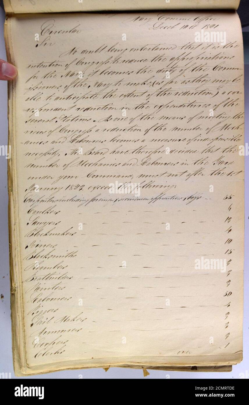 John Rodgers to Samuel Evans Dec 10 1822 re wage limits Brooklyn Navy Yard. Stock Photo