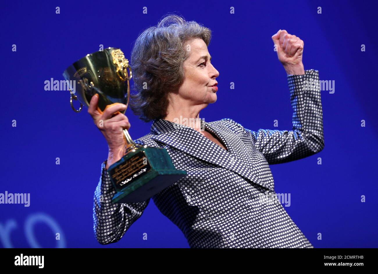 Charlotte Rampling holds the Coppa Volpi award for the best actress for the movie 'Hannah' during the awards ceremony at the 74th Venice Film Festival in Venice, Italy September 9, 2017. REUTERS/Alessandro Bianchi Stock Photo