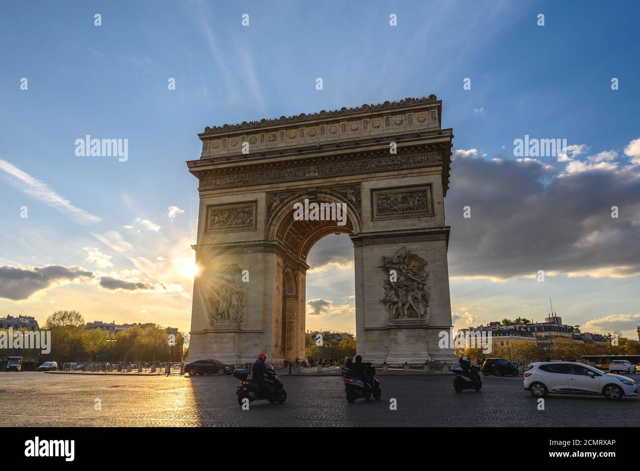 Paris France city skyline sunset at Arc de Triomphe and Champs Elysees Stock Photo
