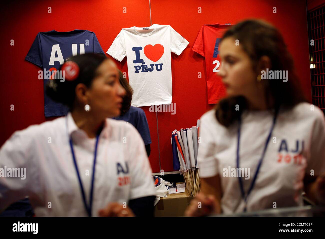 T-shirts advertising for the French politician Alain Juppe, current mayor  of Bordeaux, a member of the conservative Les Republicains political party  and candidate for their center-right presidential primary, are displayed at  a