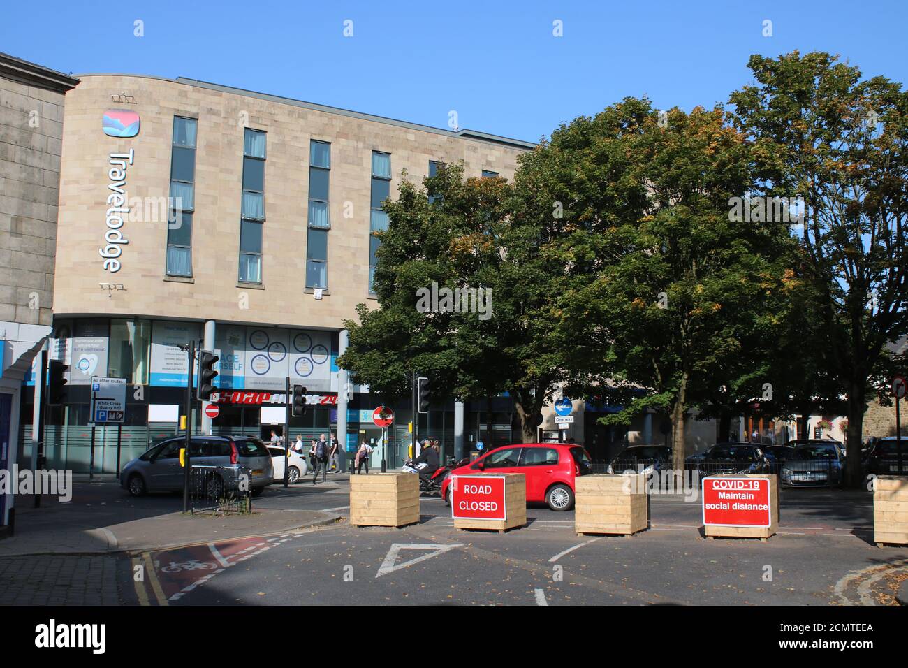 Road closure signs at end of Queen Street by King Street, Lancaster to