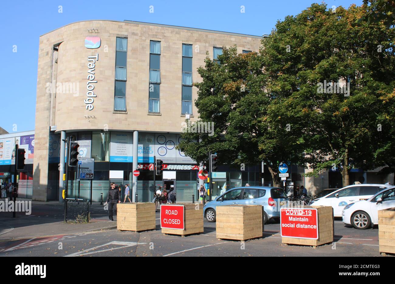 Road closure signs at end of Queen Street by King Street, Lancaster to