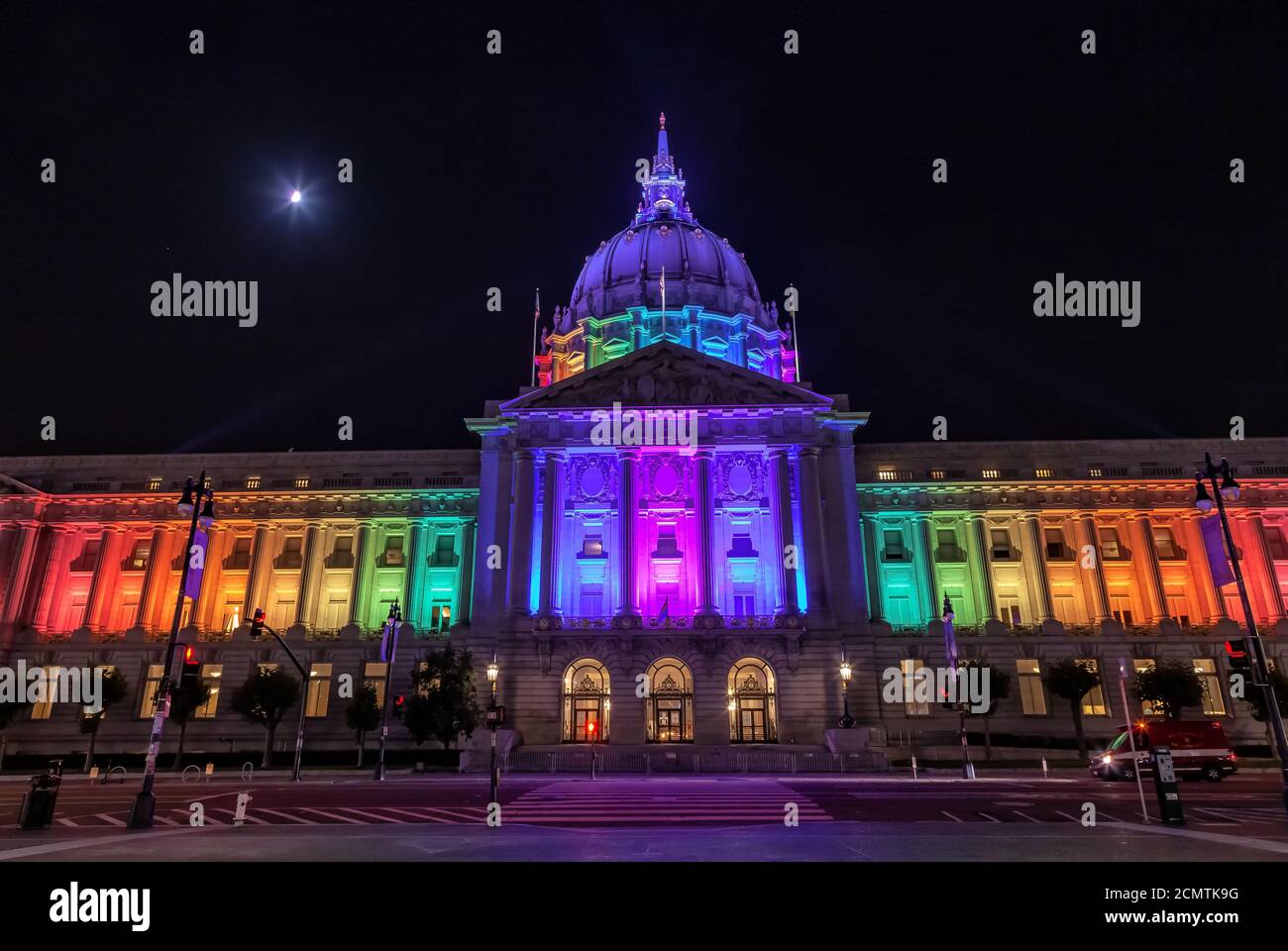 San Francisco City Hall lights up rainbow colors to celebrate the LGBT pride month in June, California, United States. Stock Photo