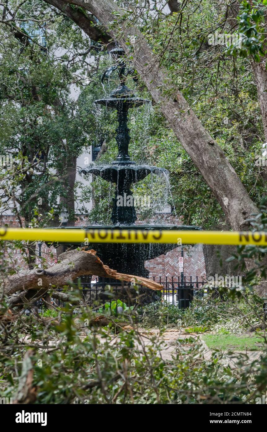 Fallen trees surround the fountain in Bienville Square, which is closed due to damage from Hurricane Sally, Sept. 17, 2020, in Mobile, Alabama. Stock Photo