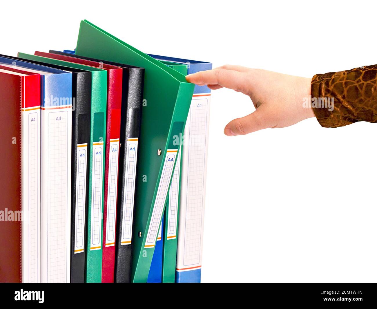 office document folders standing in a row  isolated on white background Stock Photo