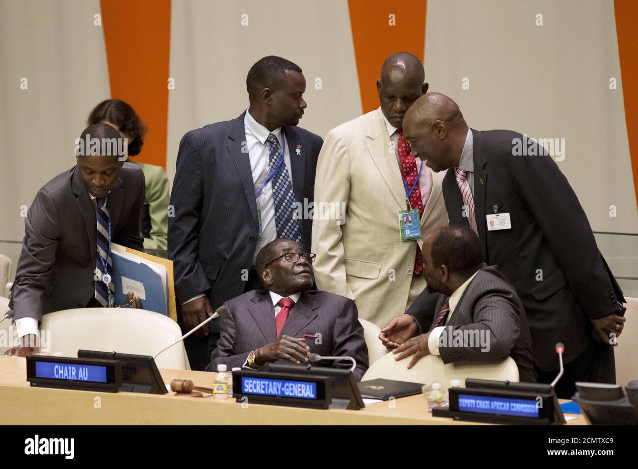 Zimbabwe's President Robert Mugabe greets other attendees before the sixth high-level meeting of the Regional Oversight Mechanism of the Peace, Security and Cooperation Framework for the Democratic Republic of the Congo and the Region, during the United Nations General Assembly at the United Nations Headquarters in Manhattan, New York September 29, 2015.  REUTERS/Andrew Kelly      TPX IMAGES OF THE DAY Stock Photo