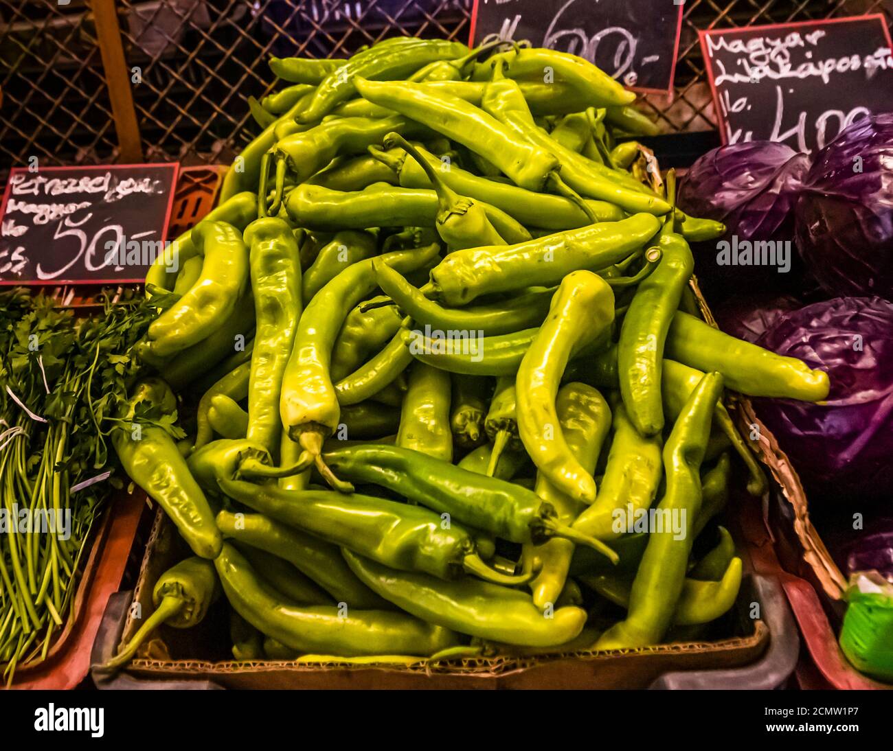 Hungarian green fresh peppers in the Great Market Hall in the IX. district of Budapest, Hungary Stock Photo