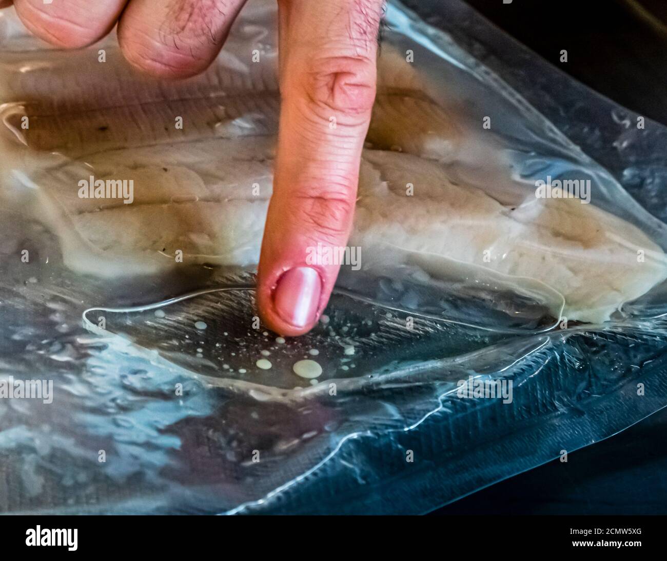 Trout sous vide is ready when protein bubbles start coagulating. Culinary Institute of Budapest with professional chef Lászlo Papdi gives instructions Stock Photo