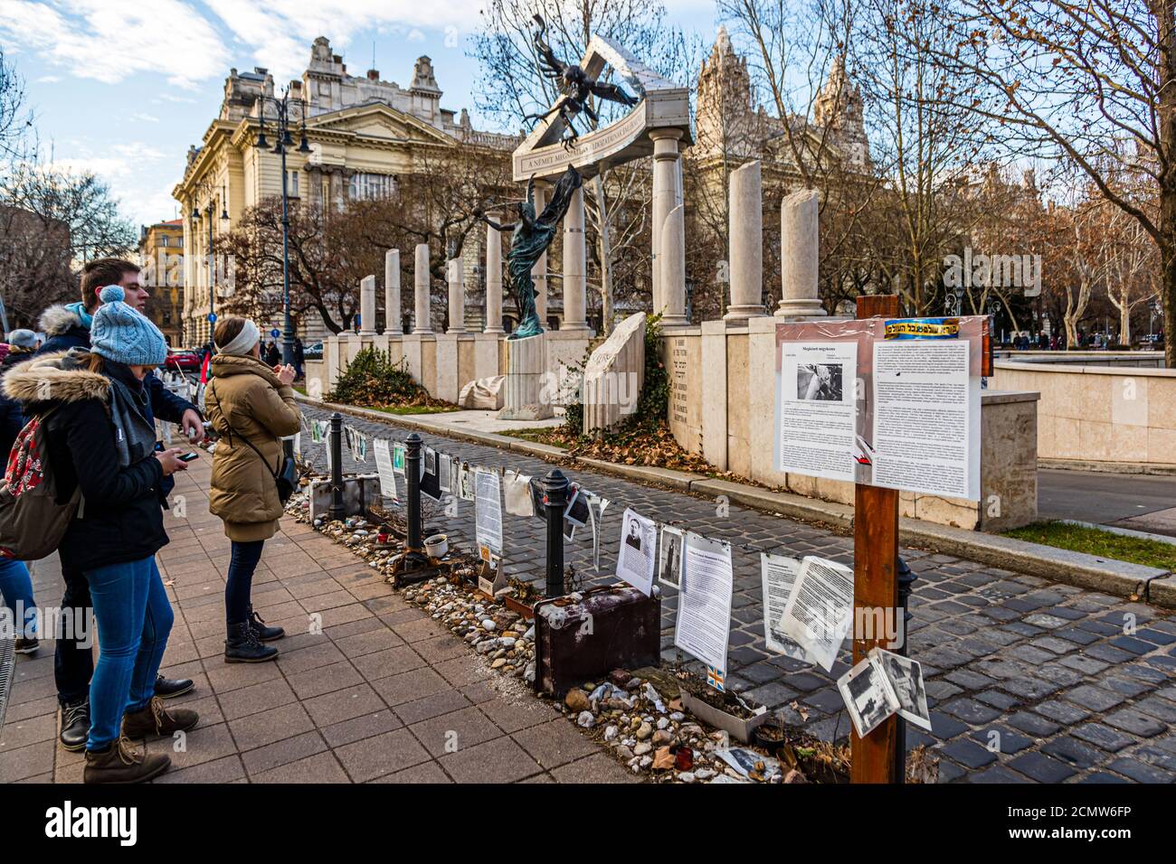 Spontaneous exhibition about the role of the Hungarian people towards their Jewish fellow citizens during the Nazi period. In the background is the Monument to the victims of the German occupation in Budapest, Hungary Stock Photo