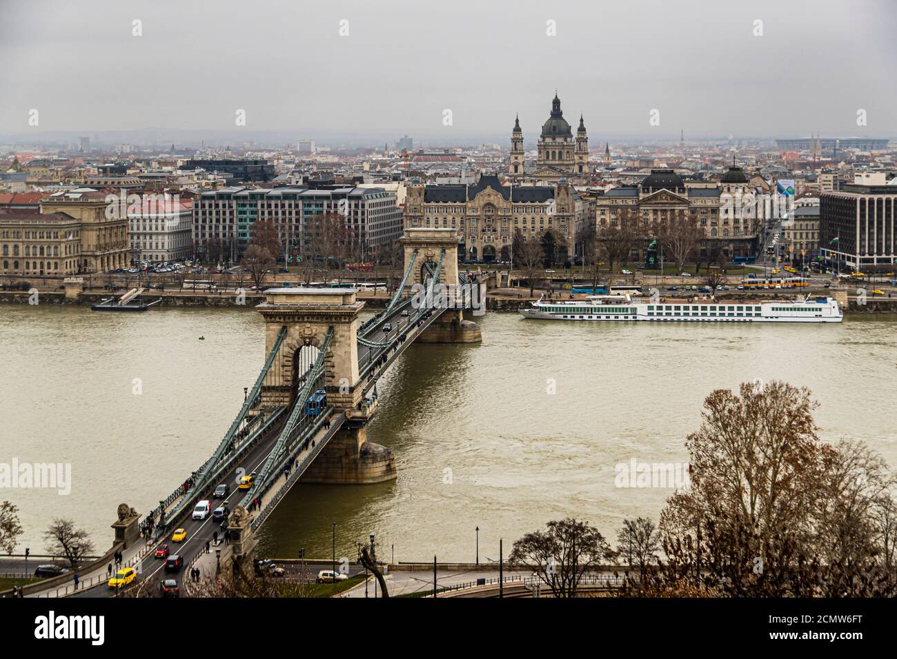 View over the Danube at the Chain Bridge in Budapest, Hungary Stock Photo