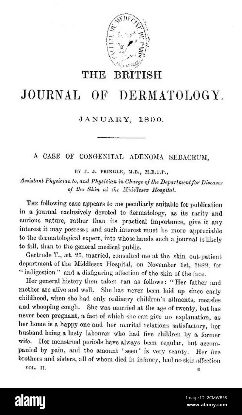 John James Pringle, ‘A case of congenital adenoma sebaceum‘ (British Journal of Dermatology, January 1890, first page). Stock Photo