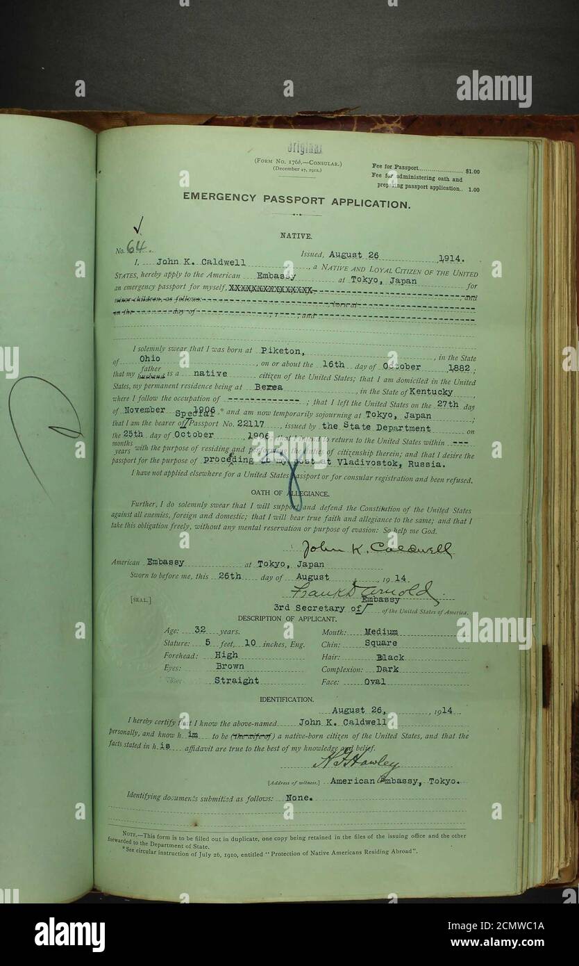 John Caldwell 1914 passport application Stock Photo Alamy