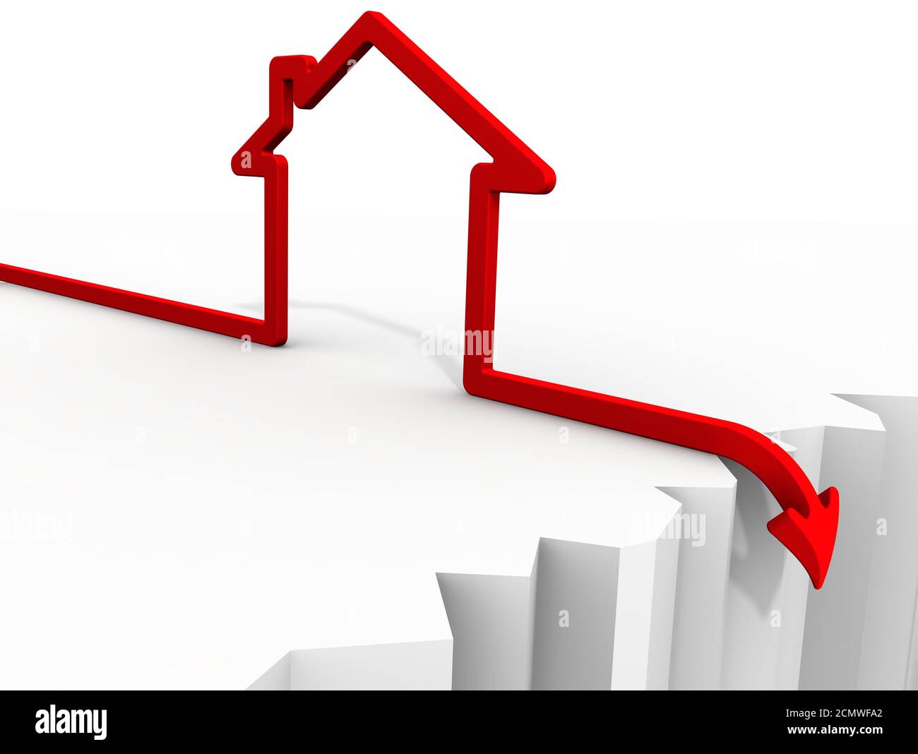 The fall in property prices. Red graph with the symbol of the house and arrow before the