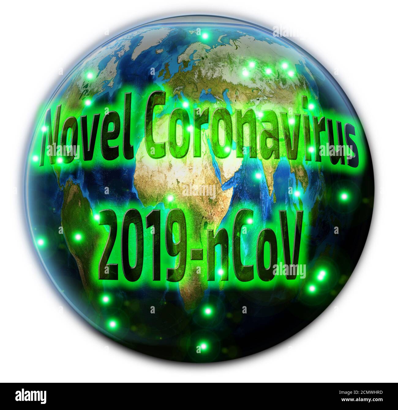 Pandemic. Novel Coronavirus 2019-nCoV. Globe with green points and text NOVEL CORONAVIRUS 2019-nCoV on the white background. 3D illustration Stock Photo