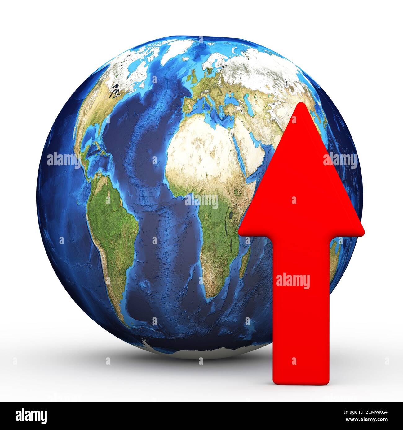 Red arrow pointing up and globe. Red upward arrow on the background of ...
