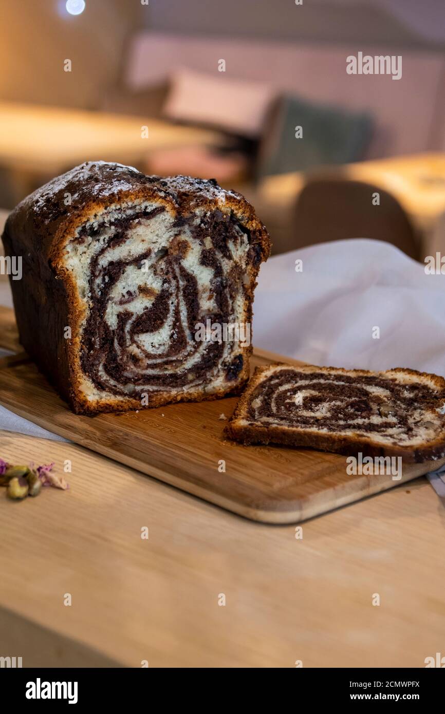 Sliced homemade chocolate cake for breakfast Stock Photo Alamy