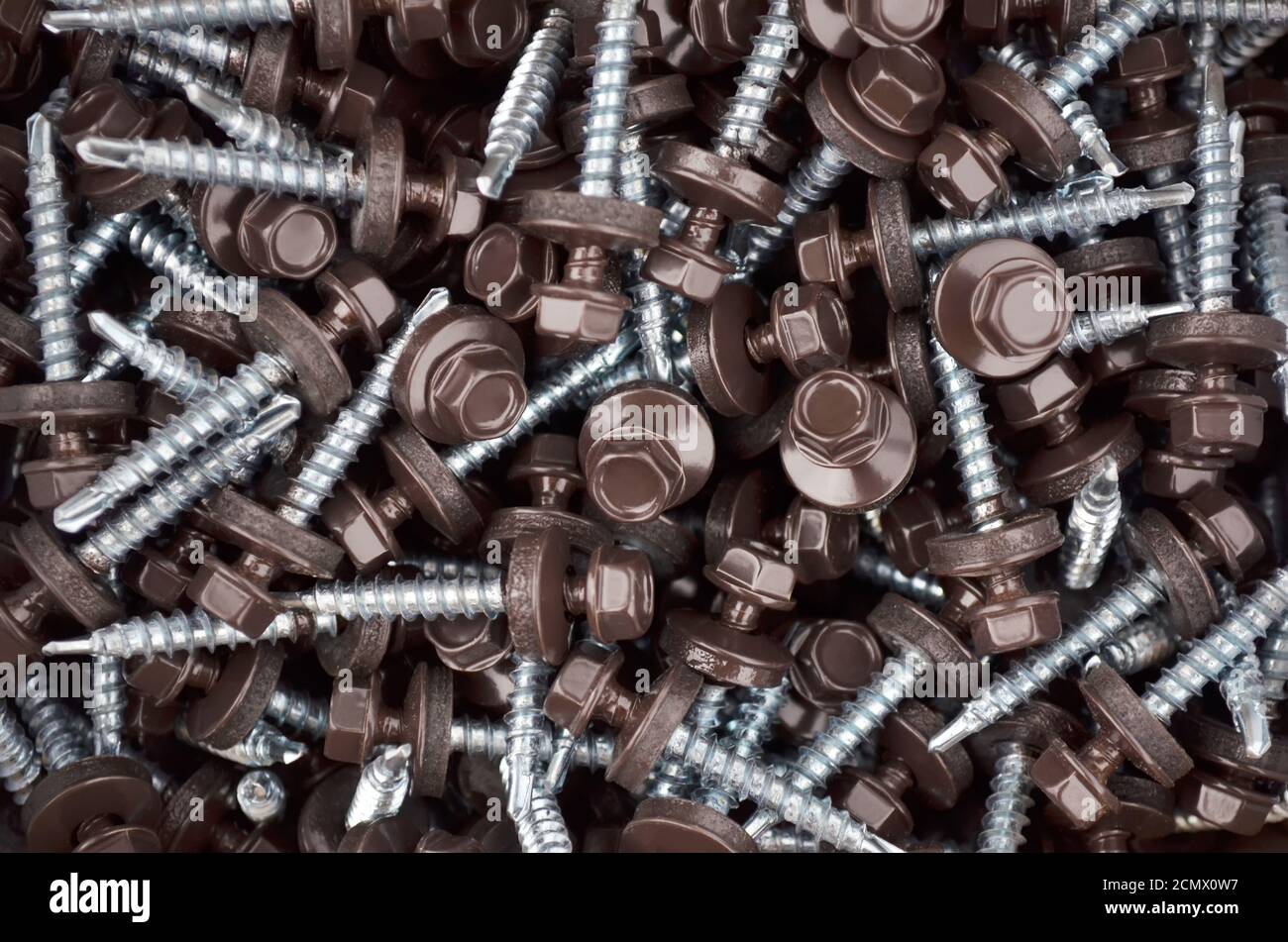 Tapping screws for mounting metal roof as a background Stock Photo