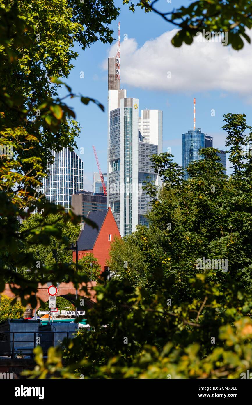 Frankfurt am Main, view from Sachsenhäuser Ufer. In the middle Commerzbank, left Taunusturm, right Main Tower, in the front Portikus. Hesse, Germany,0... Stock Photo