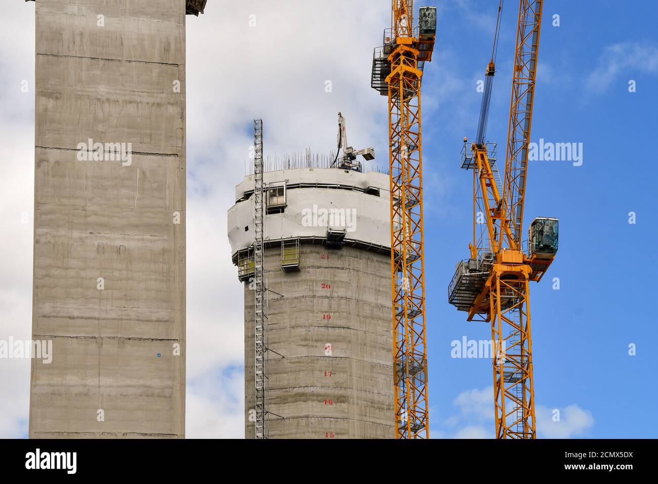 Cardiff, Wales August 2020 Tower cranes being used to build the