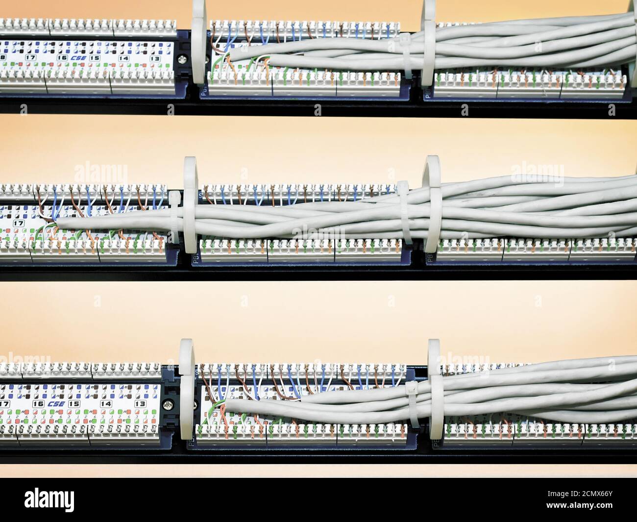 rear view of a patch panel with wires Stock Photo