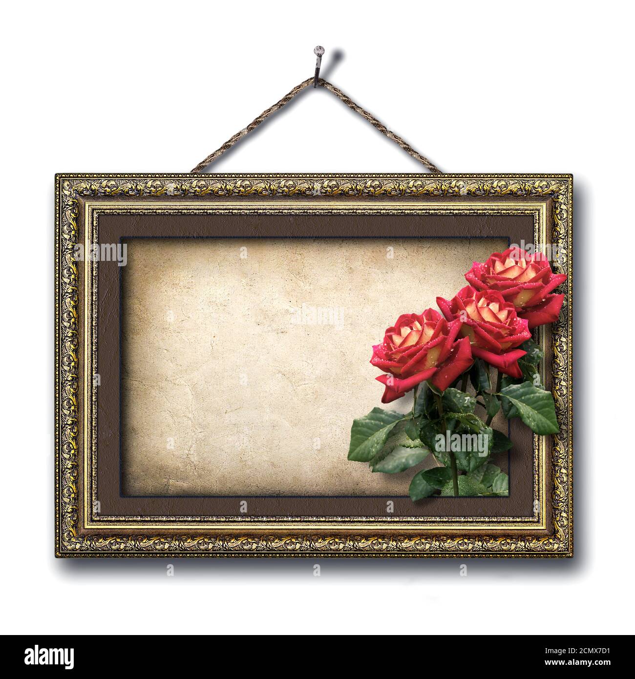 Vintage picture frame and a bouquet of red roses Stock Photo
