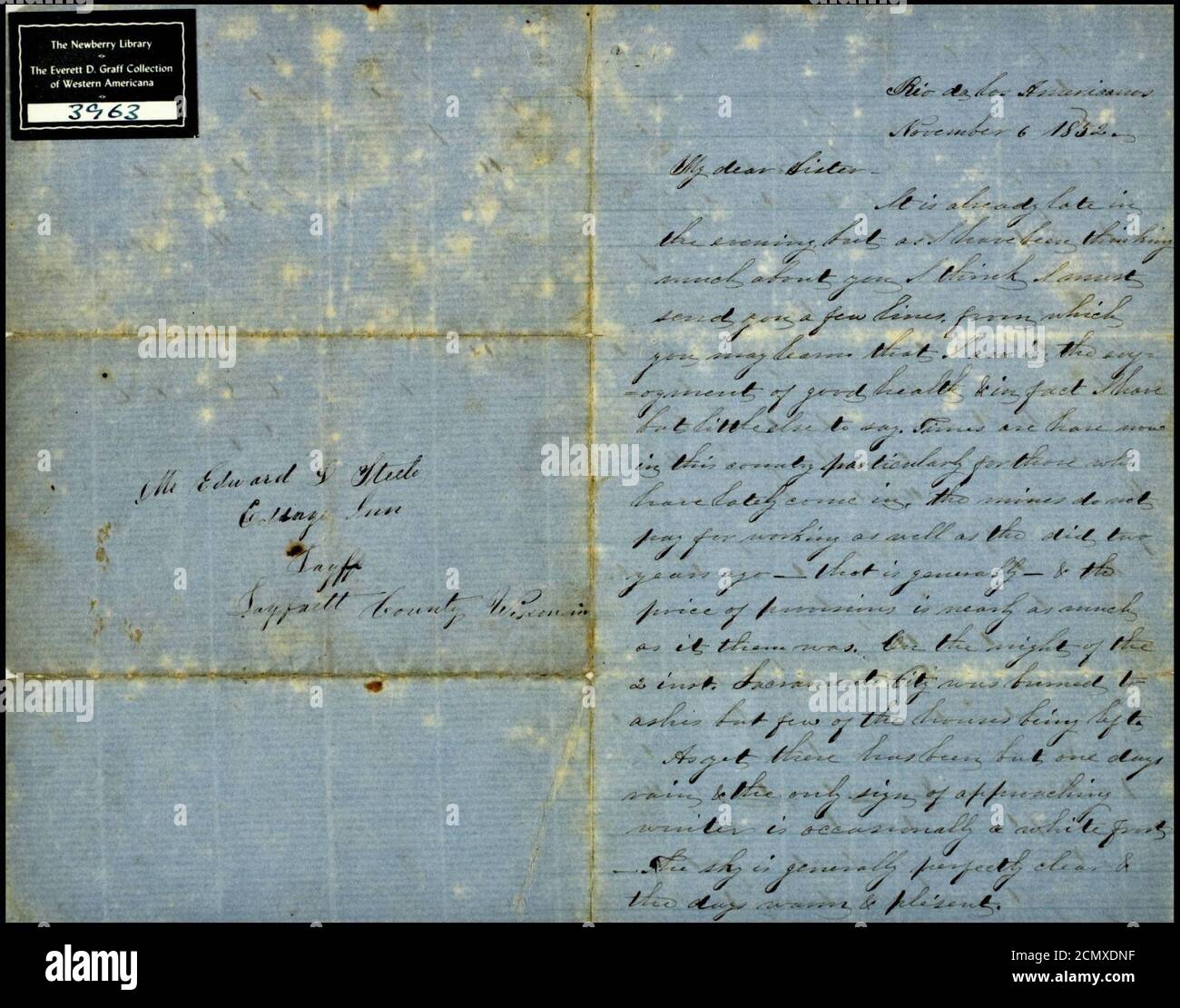 John Steele letter to his sister Loretta Steele, Rio da los Americanos, 1852 Stock Photo