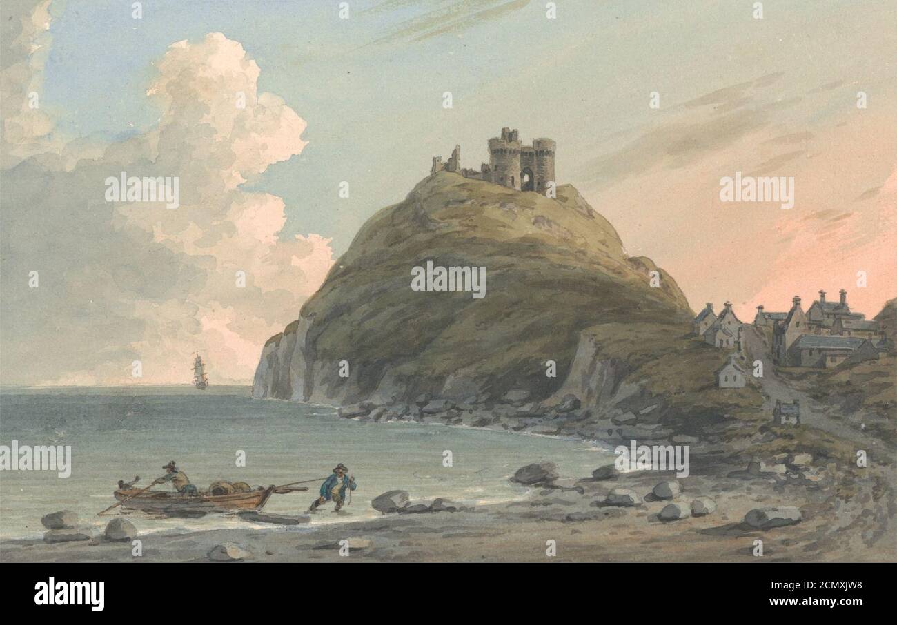 John Warwick Smith - Ruins of Cricceith Castle and Part of the Town on the Bay on Cardigan. East View, Carnarvonshire. Stock Photo