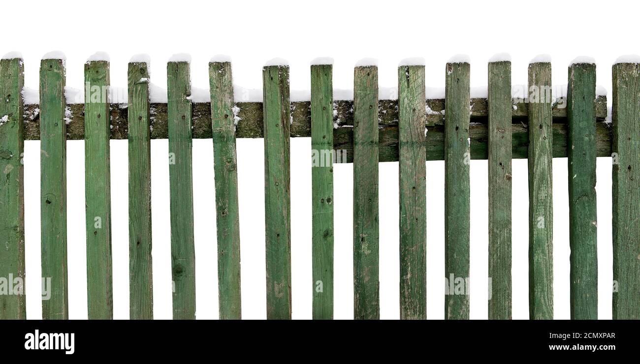 wooden fence covered with snow isolated on white background Stock Photo ...