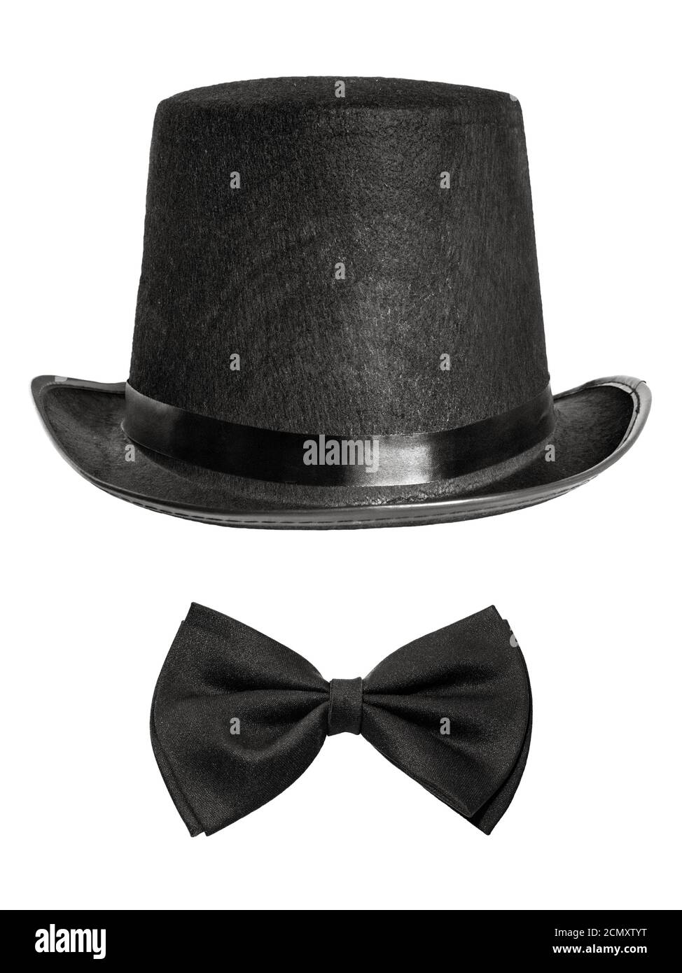 black felt hat and bow tie isolated on white background. front view ...
