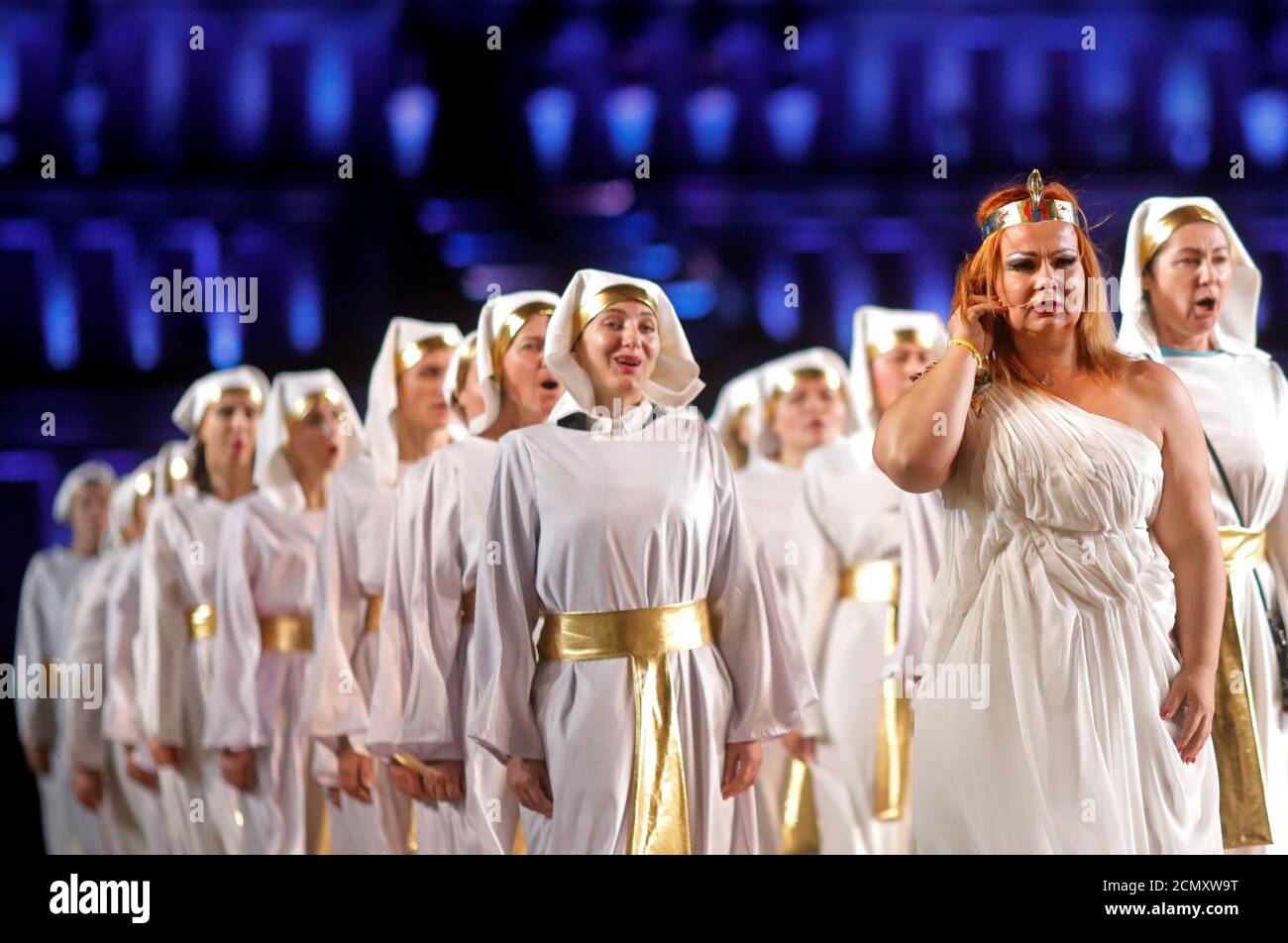 Eliska Weissova in the role of Amneris rehearses a scene from the opera 'Aida' originally set in the Old Kingdom of Egypt and composed by Giuseppe Verdi at the Temple of Queen Hatshepsut in West Bank of Luxor, Egypt, October 24, 2019. REUTERS/Amr Abdallah Dalsh Stock Photo