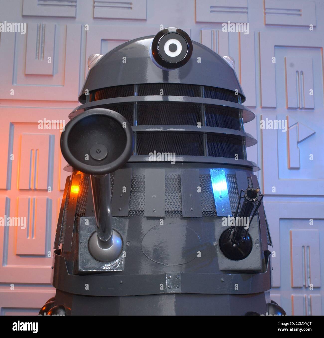 Dalek from Doctor Who BBCtv. Grey and black version, as featured throughout the 1970's when Jon Pertwee, Tom Baker and Peter Davison battled them on t Stock Photo