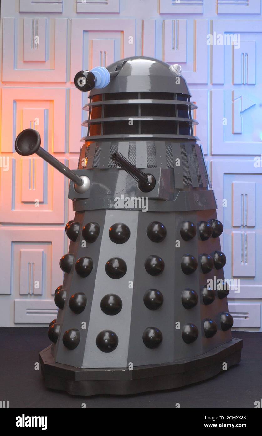 Dalek from Doctor Who BBCtv. Grey and black version, as featured throughout the 1970's when Jon Pertwee, Tom Baker and Peter Davison battled them on t Stock Photo