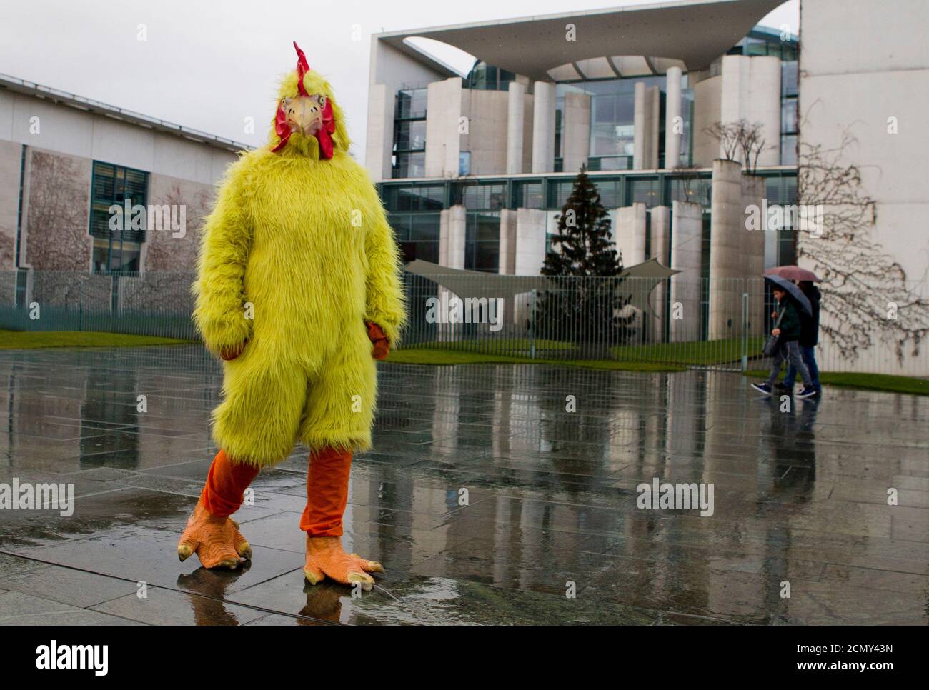 An animal rights activist wears a chicken costume during a protest against kosher and halal practices of butchering animals in front o the Chancellery in Berlin, January 5, 2012. REUTERS/Thomas Peter (GERMANY - Tags: CIVIL UNREST ANIMALS) Stock Photo