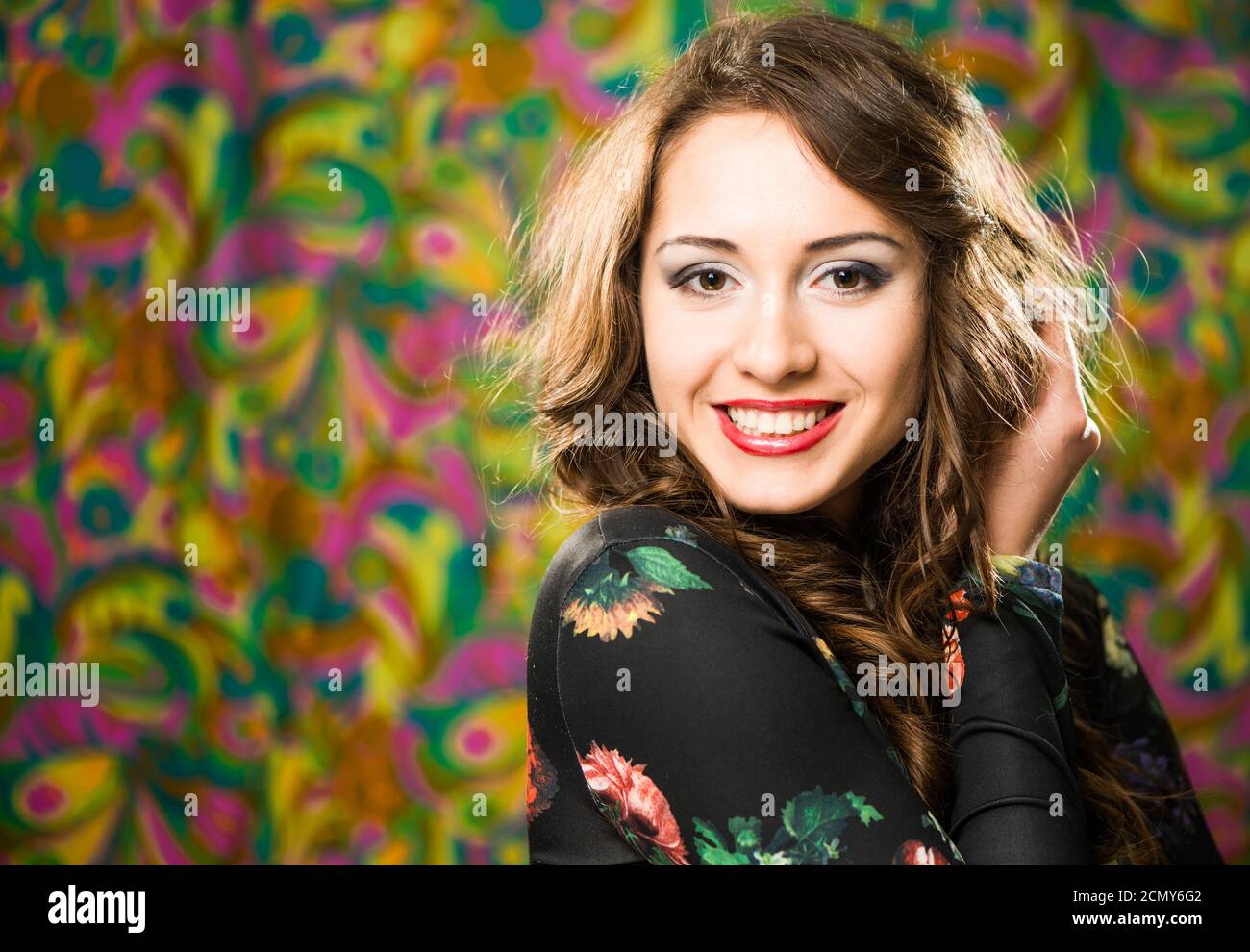 Young brunet woman portrait with expressive emotions Stock Photo