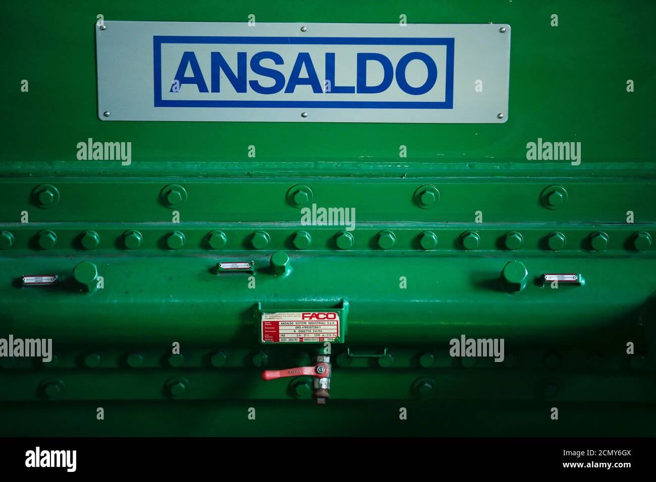 A logo of Ansaldo is seen on a machinery at the hydroelectric power plant 'Carlo Esterle' of the Edison Energy near Milan, northern Italy, March 10, 2016.   REUTERS/Alessandro Bianchi Stock Photo