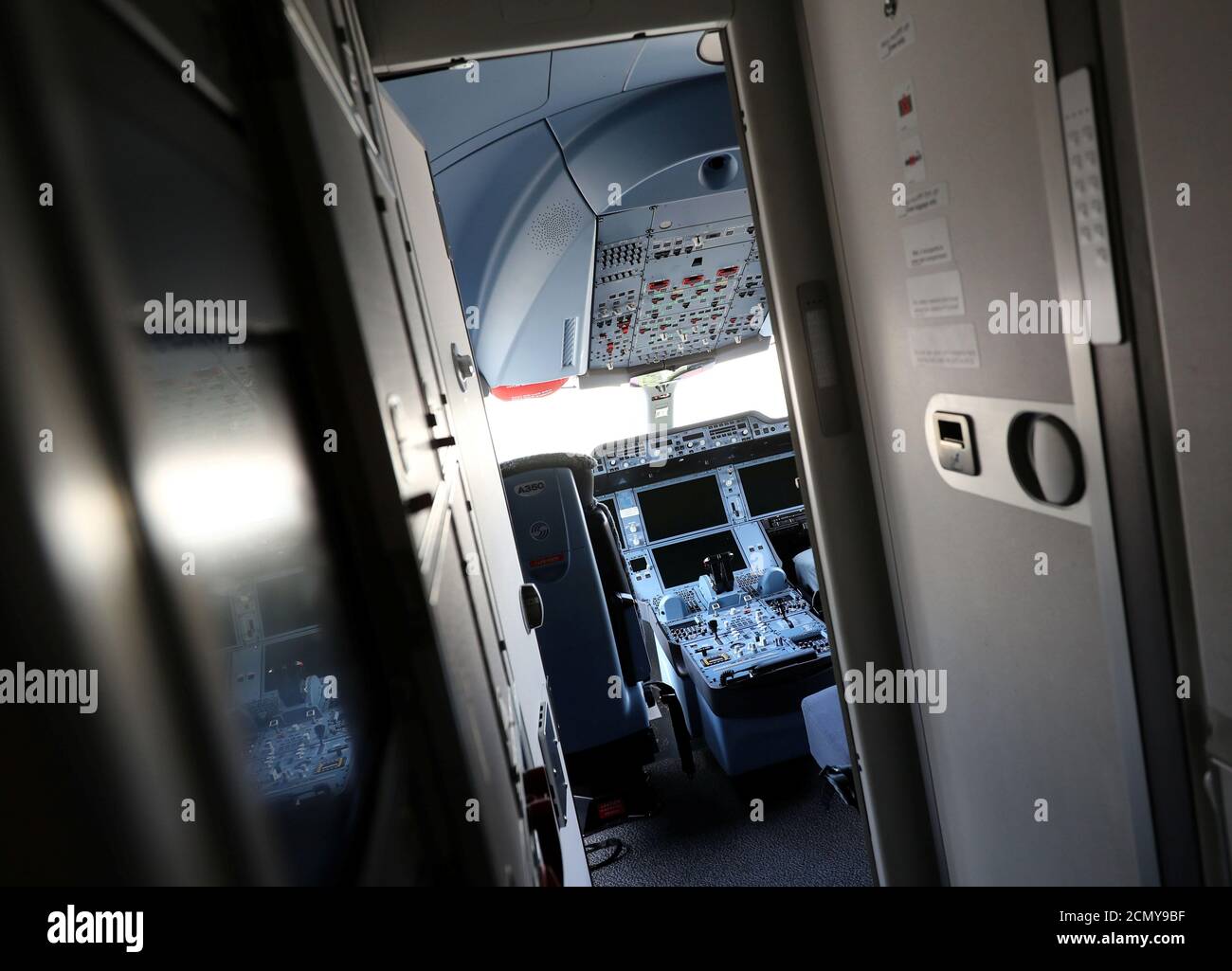 The cockpit of an Airbus A350-900 of Ethiopian Airlines is photographed during a site-inspection at Fraport airport in Frankfurt, Germany, May 22, 2017. REUTERS/Kai Pfaffenbach Stock Photo