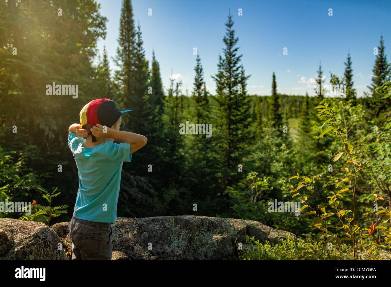 Mother and son, hiking and bird watching in Voyageurs National Park, Minnesota Stock Photo