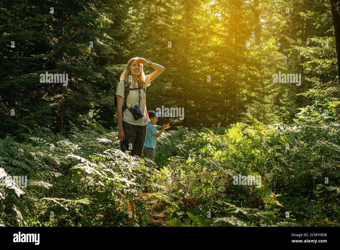 Mother and son, hiking and bird watching in Voyageurs National Park, Minnesota Stock Photo